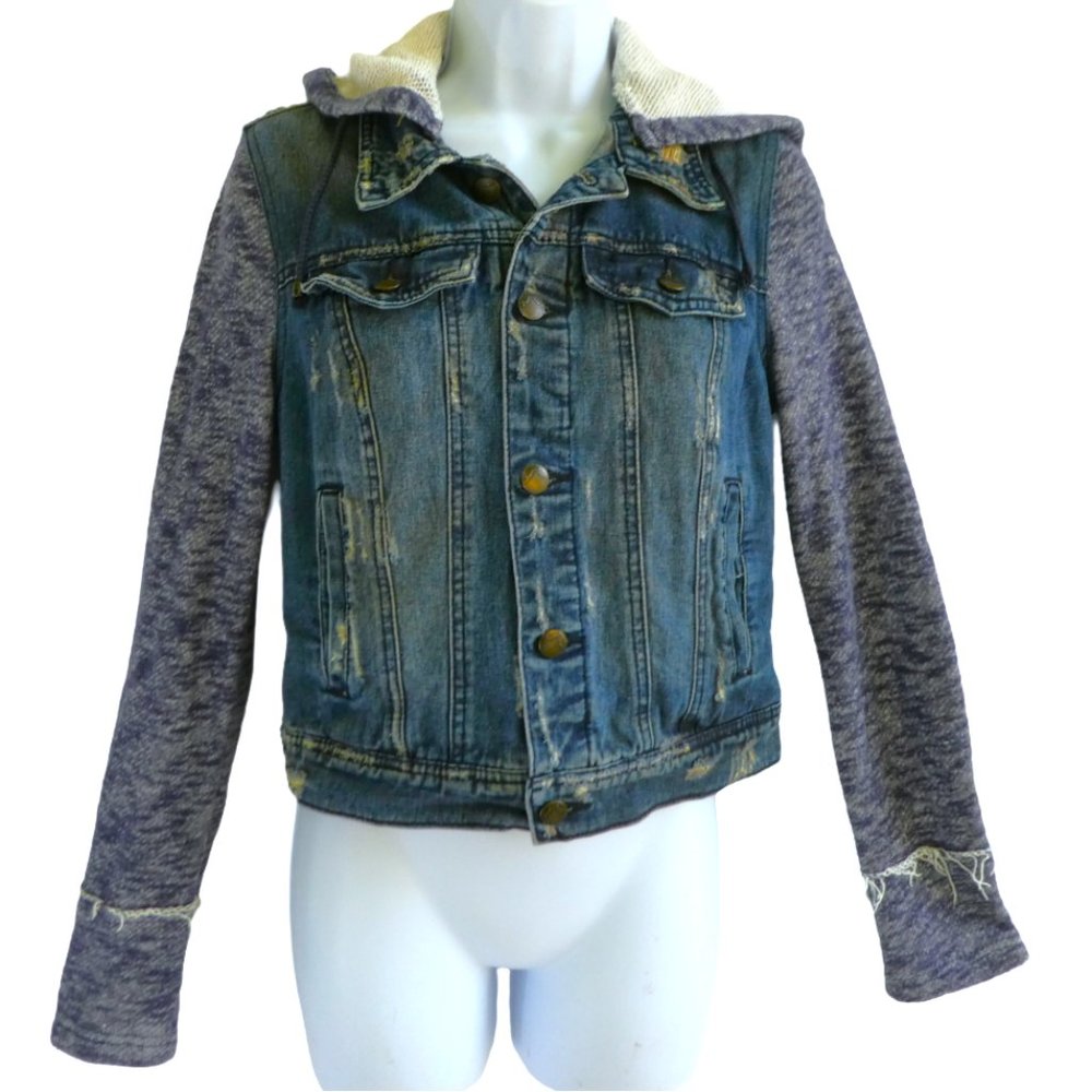 Free People FP Distressed Denim Jacket Sweatshirt Sleeves Detachable Hoodie XS